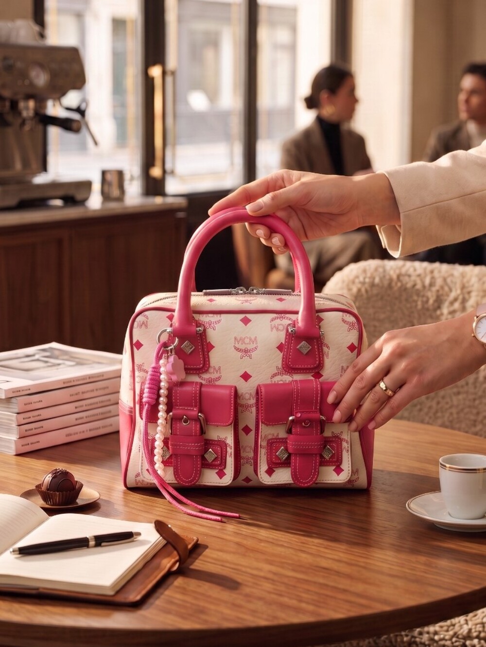 MCM Visetos Monogram Leather Pocket Boston Bag - Pink And White